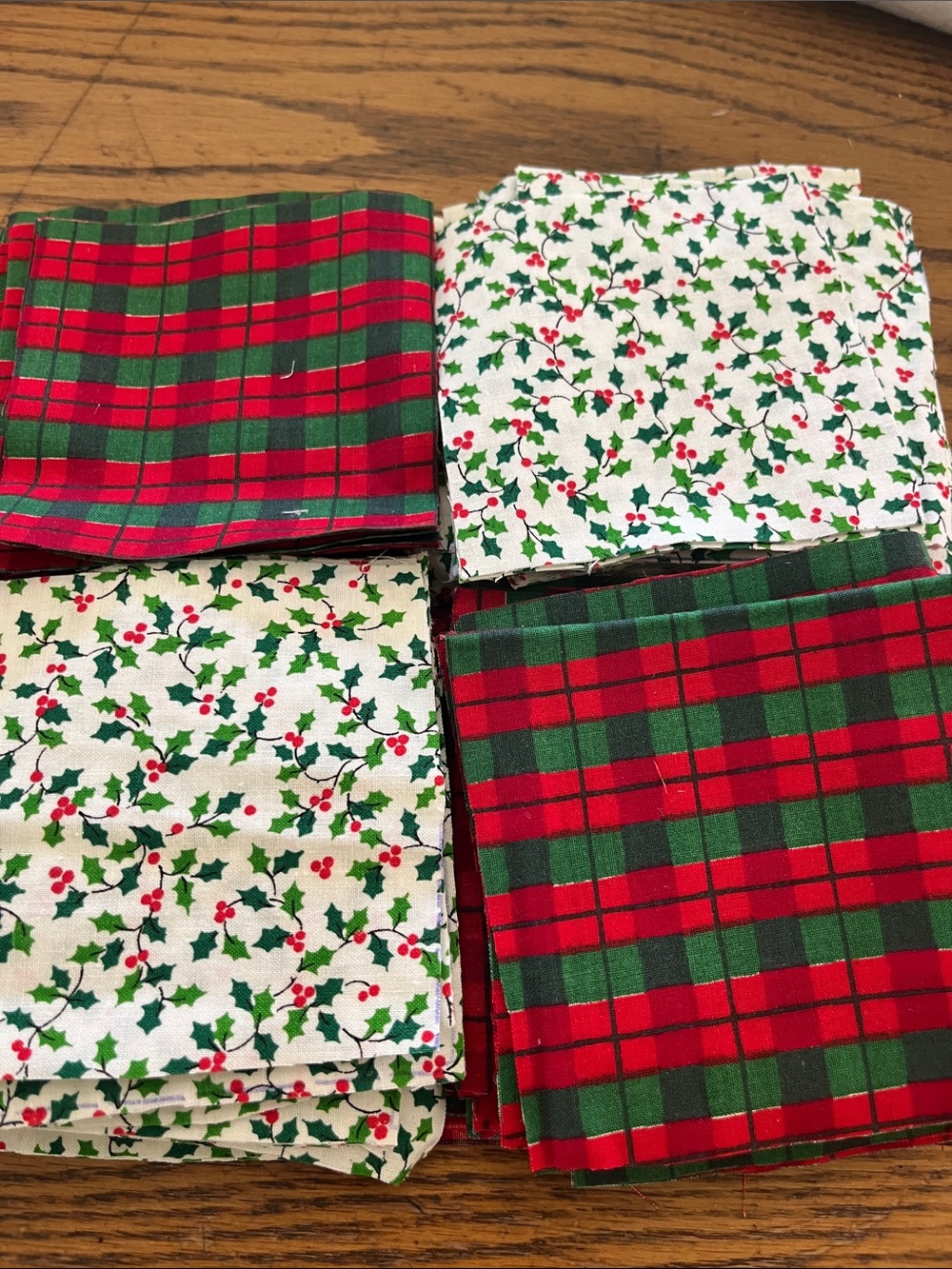 Holiday Plaid and Holly Cotton Fabric quilt patches - Red & Green